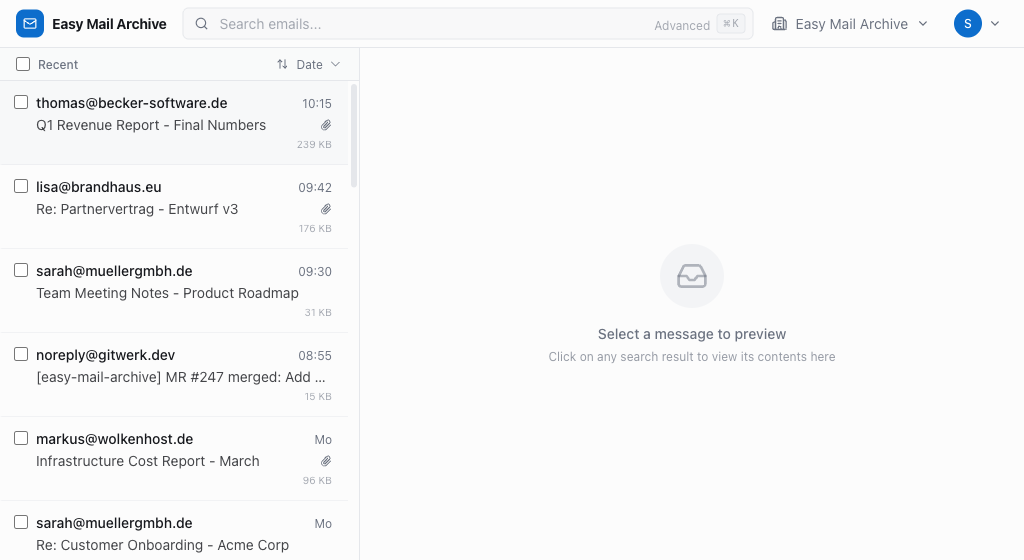 Easy Mail Archive archive view
